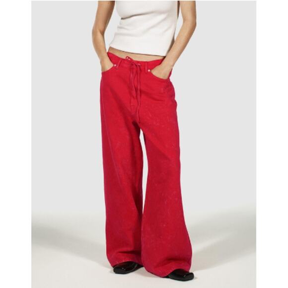 COS Wide-Leg Drawstring Denim Trouser Jeans Cherry Red Cotton Lyocell 2 - Picture 1 of 7